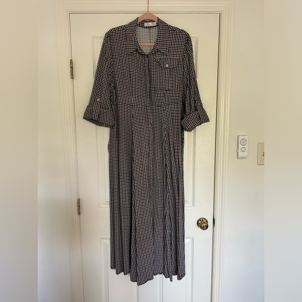 Dark Academia Houndstooth 3/4-Long Sleeve Button Down Maxi Dress with Belt
